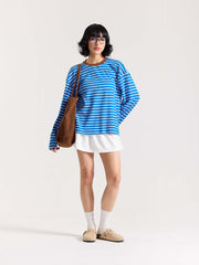 Cyan Blue & White Striped Loose Fit Cropped T-Shirt